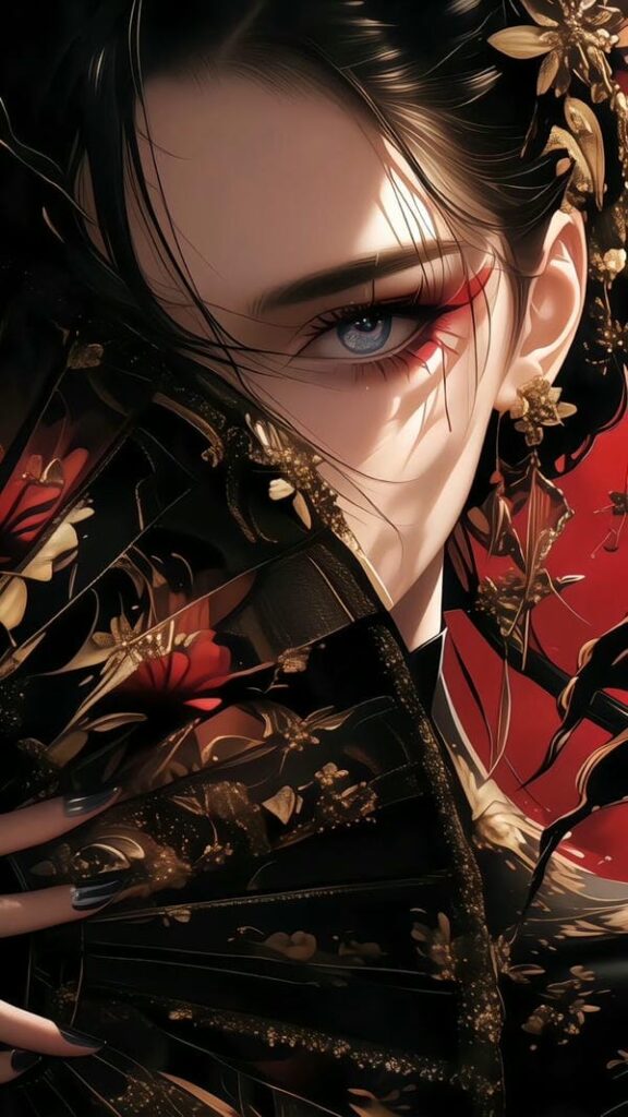 ảnh anime nữ ngầu tay cầm quạt