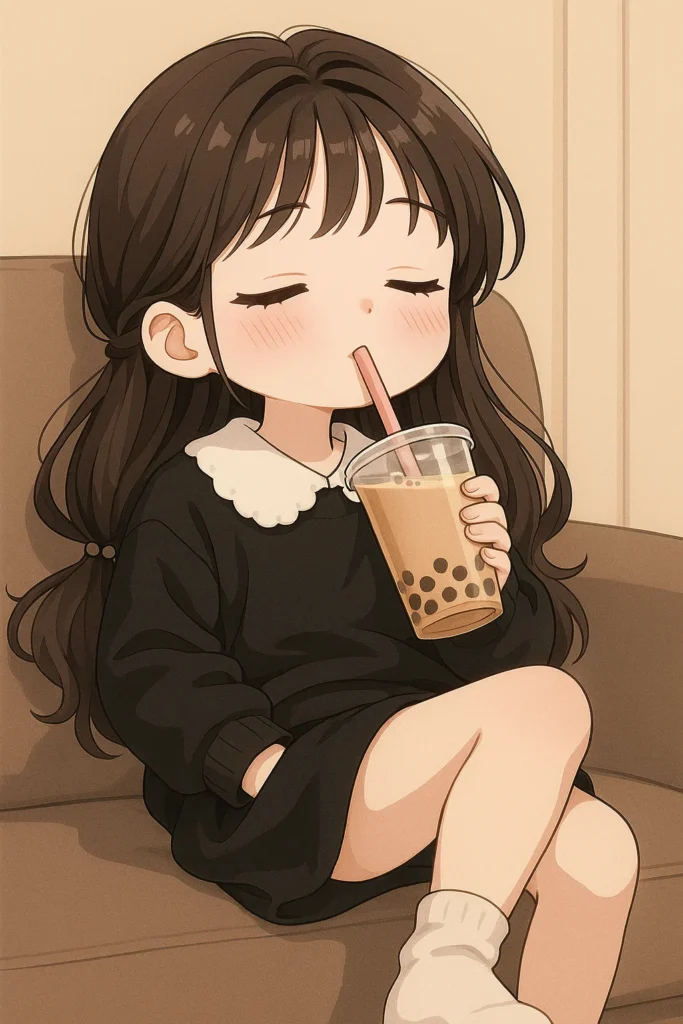 ảnh chill anime hút trà sữa