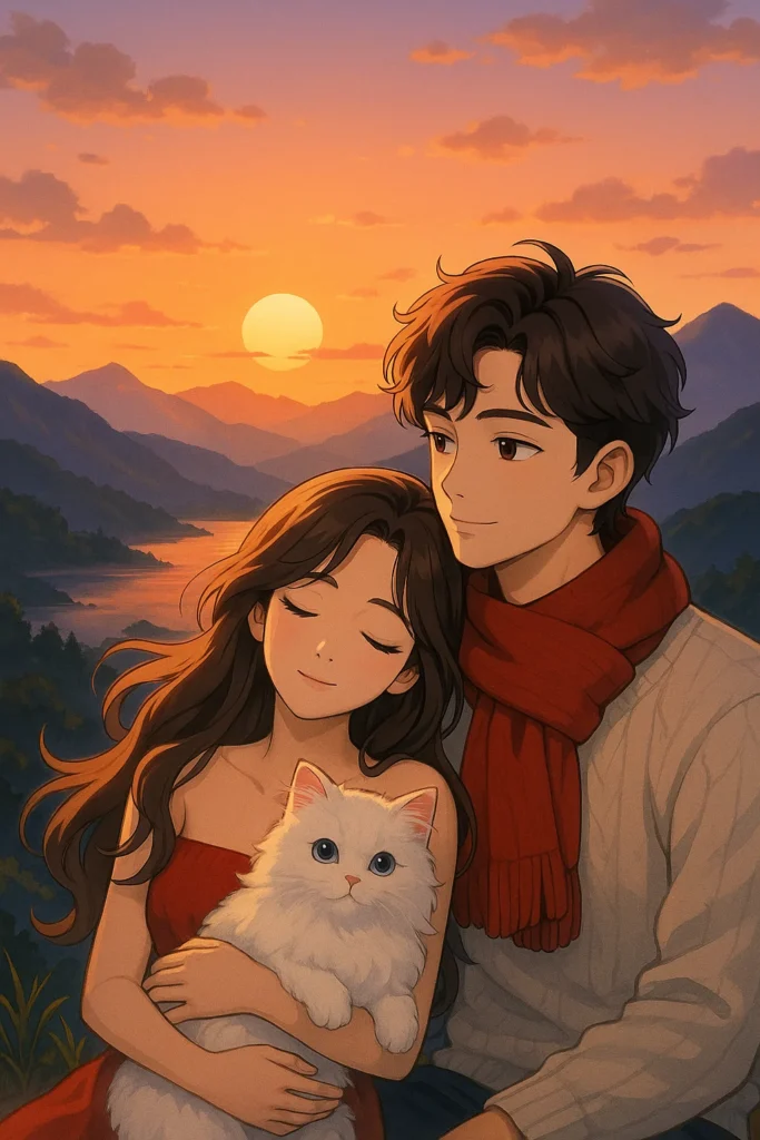 ảnh chill anime ngắm hoàng hôn bên người yêu
