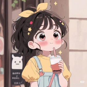 chibi anime uống trà sữa