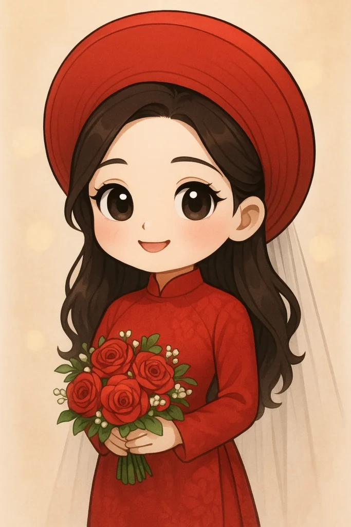 chibi áo dài cô dâu đội khăn vấn