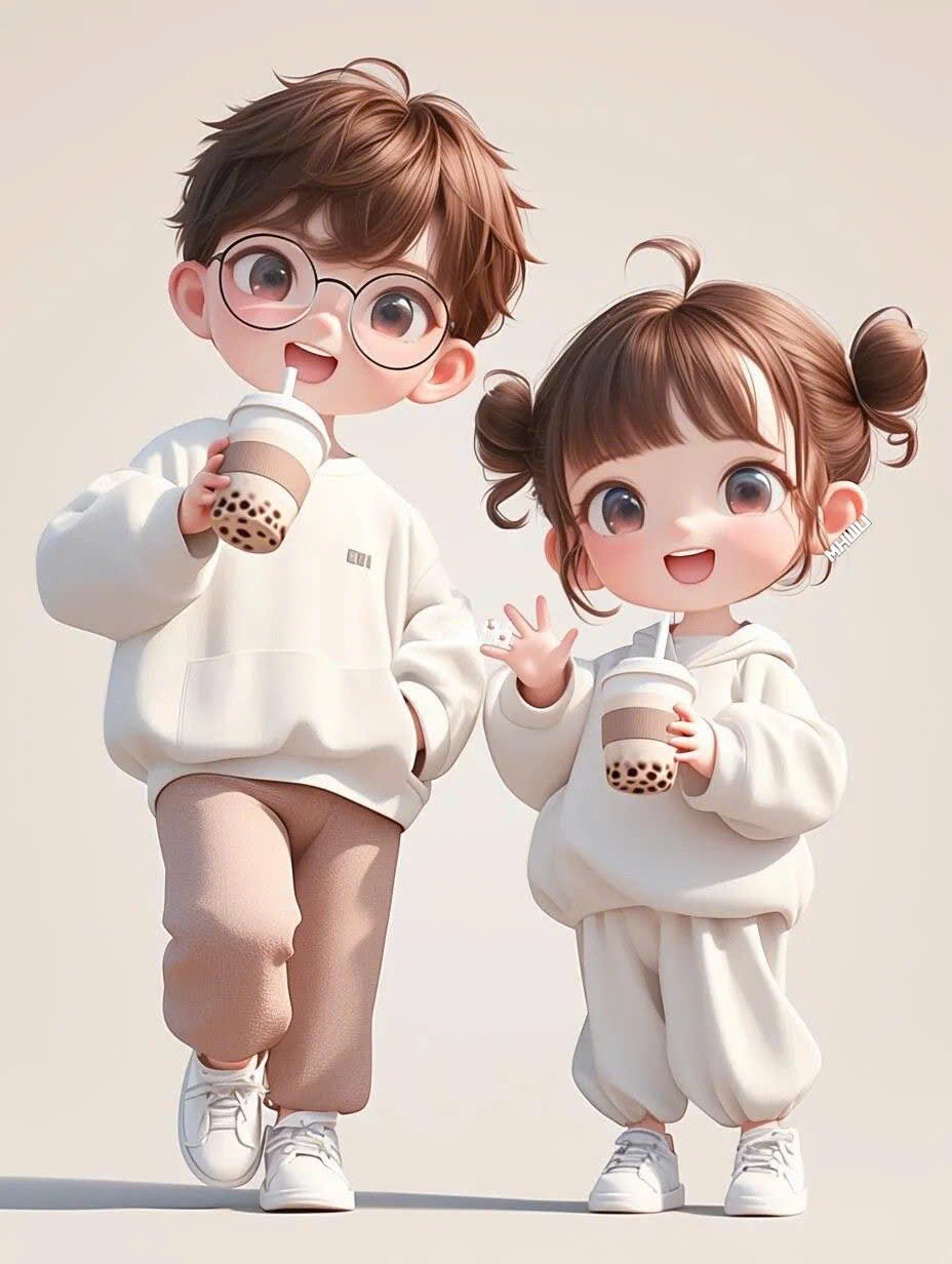 Avatar đôi chibi uống trà sữa vui vẻ