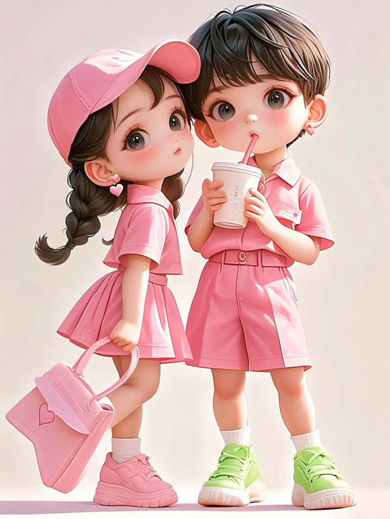 Avatar đôi chibi màu hồng nhẹ nhàng