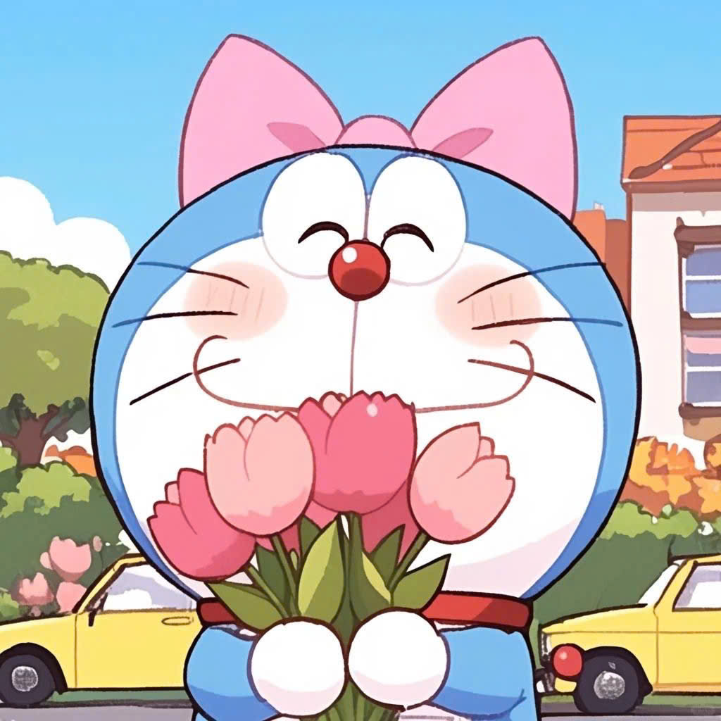 Ảnh doraemon ôm hoa vui vẻ Ảnh doraemon ôm hoa vui vẻ