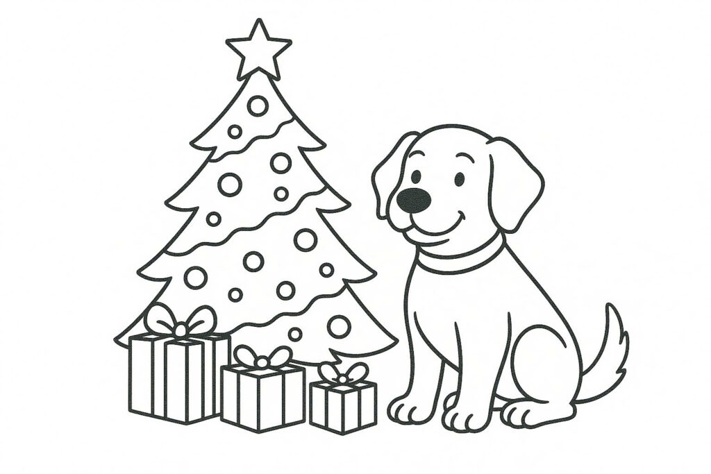 Tô màu con chó ngồi cạnh cây thông noel