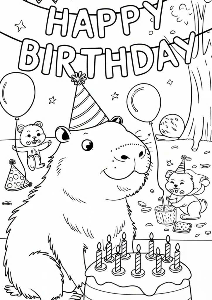 Tô màu capybara sinh nhật đáng yêu Tô màu capybara sinh nhật đáng yêu