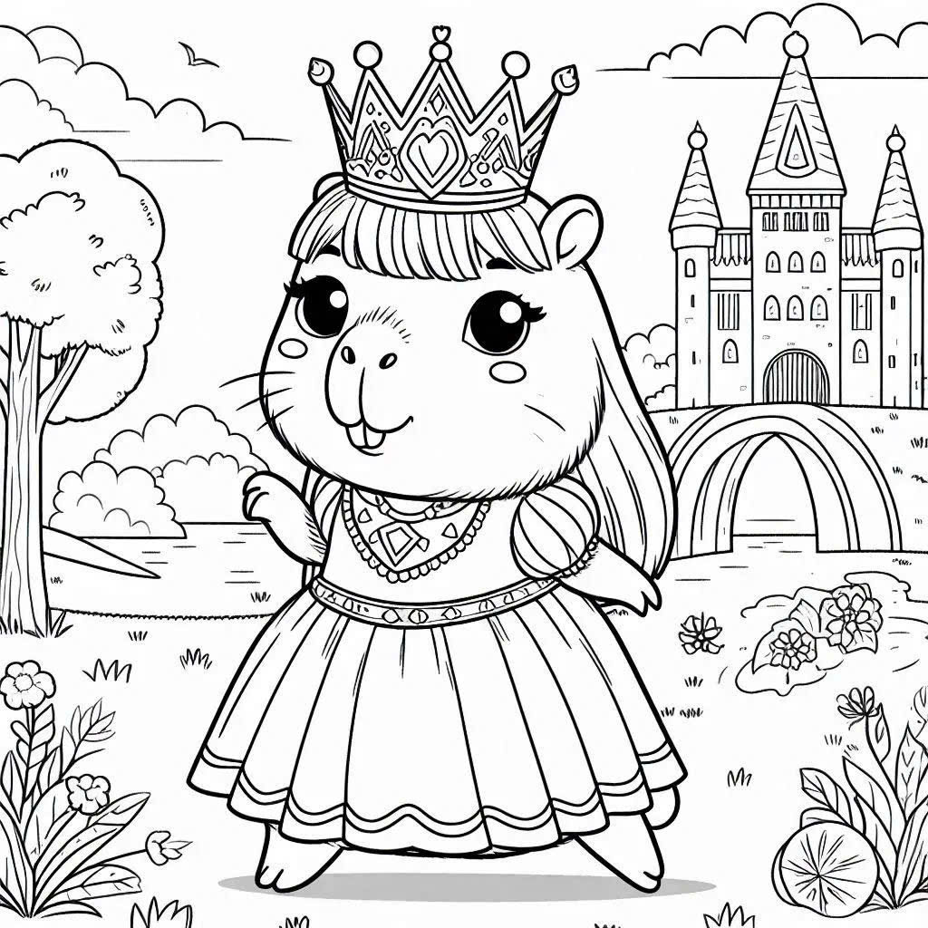 Tranh Tô màu capybara công chúa cho bé