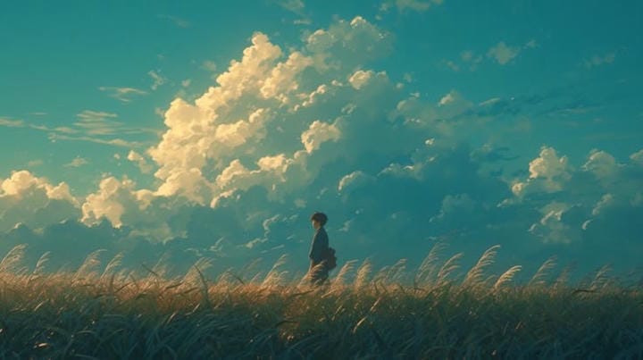 ảnh chill lofi cánh đồng cỏ xanh anime