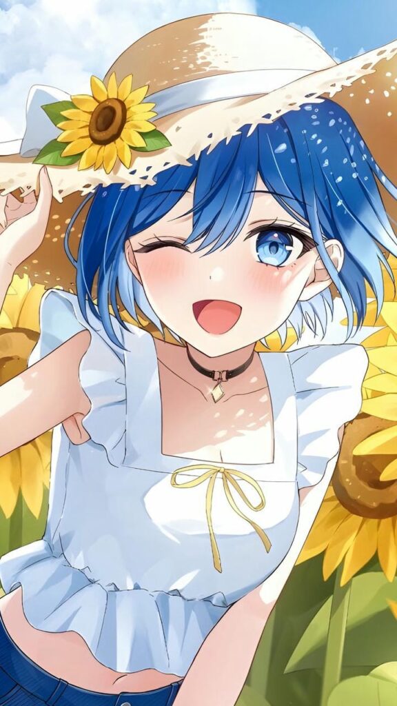 ảnh gái xinh anime bên hoa hướng dương