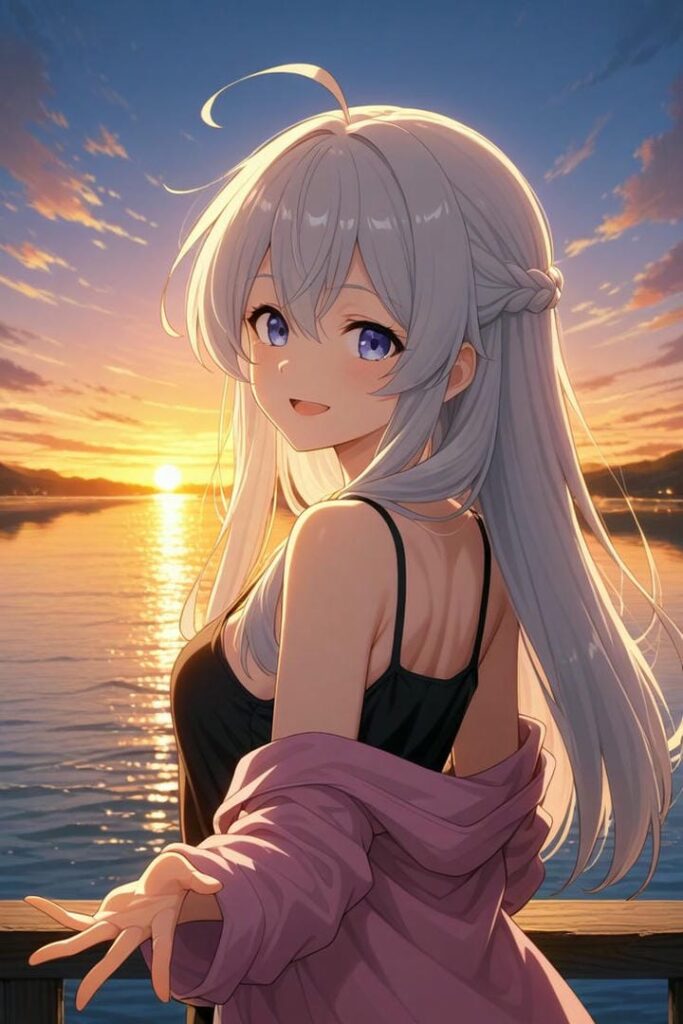 ảnh gái xinh anime dưới ánh hoàng hôn
