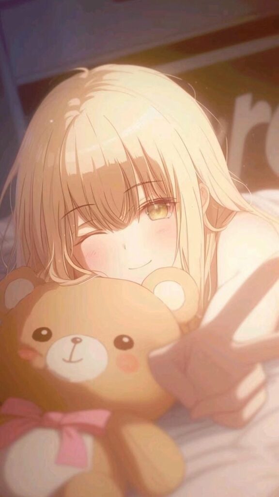 ảnh gái xinh anime tạo dáng bên gấu con