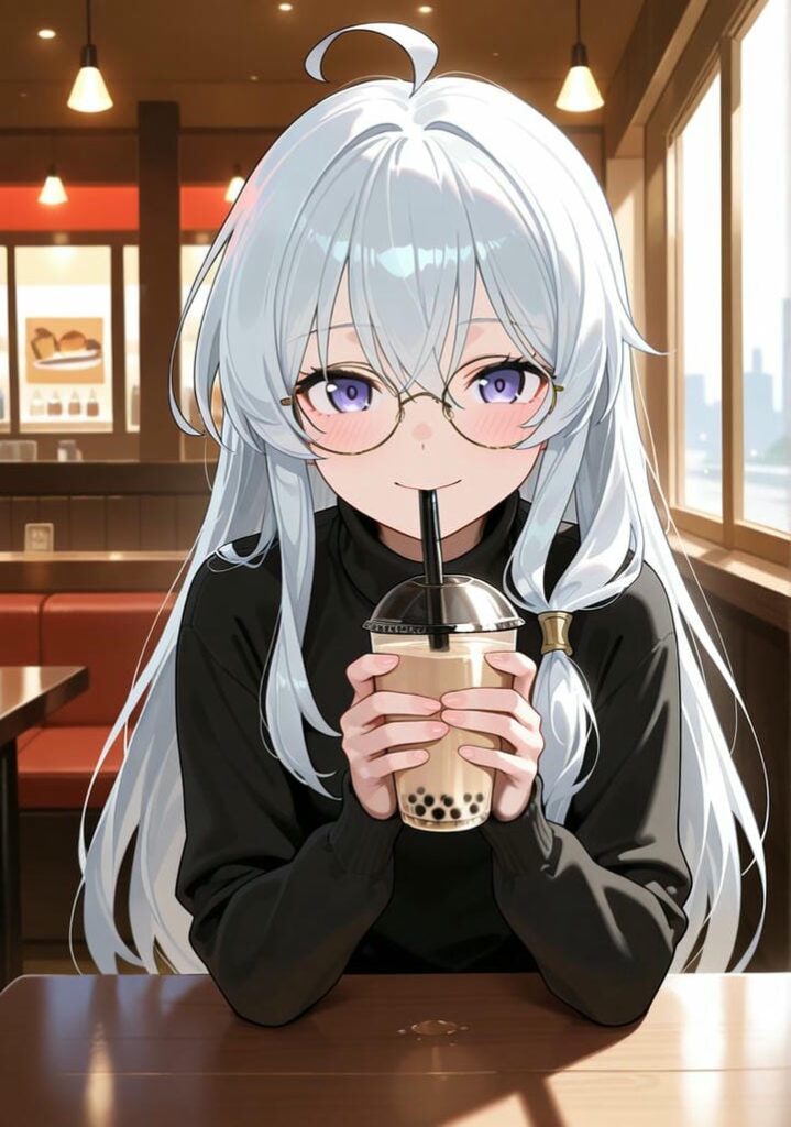 ảnh gái xinh anime uống trà sữa