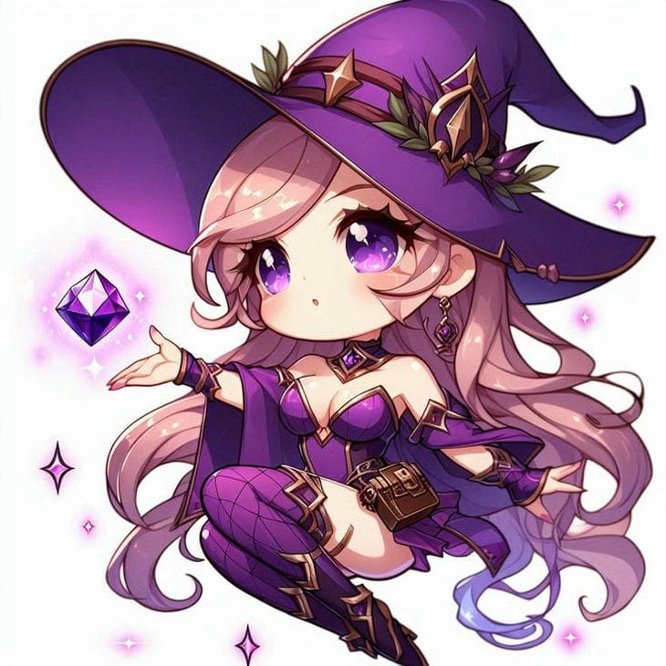 chibi anime phù thủy màu tím
