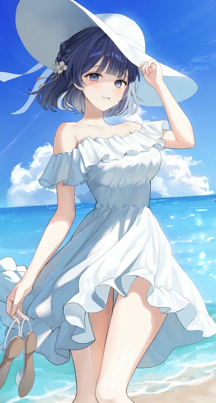 gái xinh anime mặc váy ngắn bên biển cực đáng yêu
