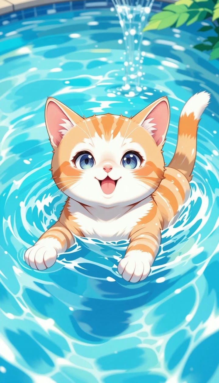 mèo chibi đang tắm
