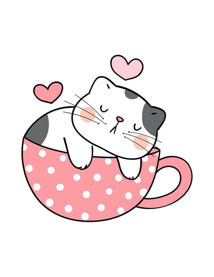 mèo chibi nằm ngủ trên cốc