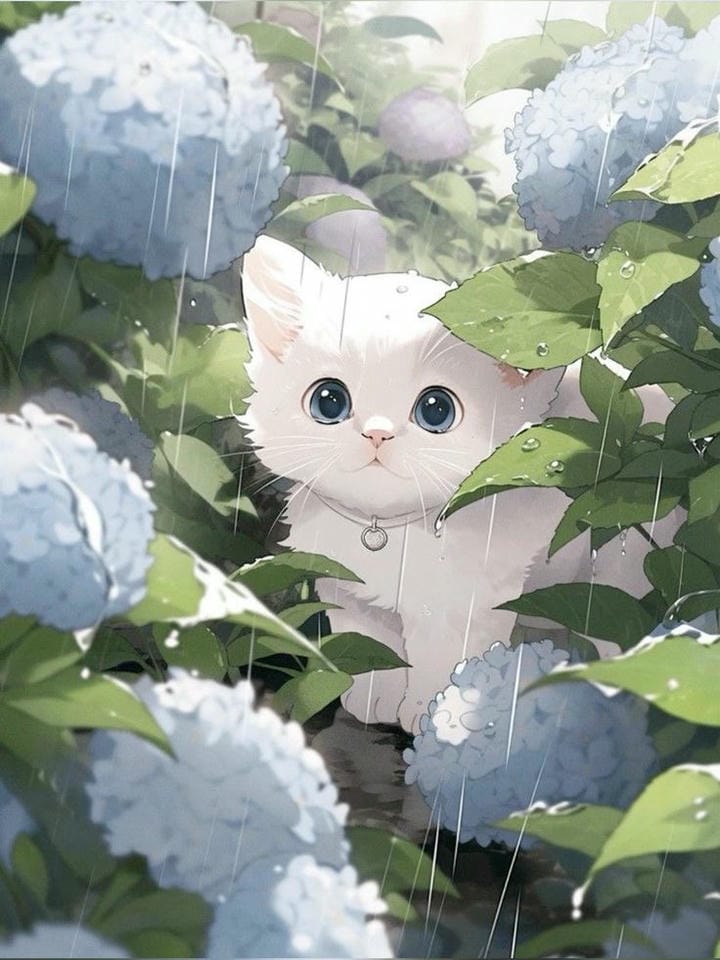 mèo chibi trú mưa
