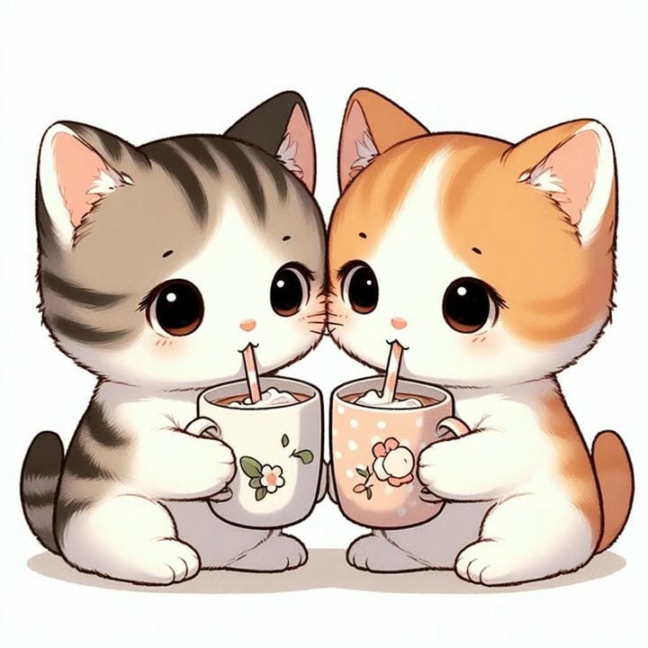 mèo chibi uống trà sữa